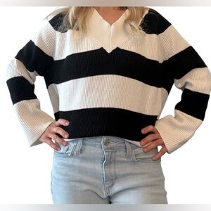 Mango Black and White Striped V-Neck Cropped Sweater